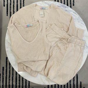 Free People Beach 3 Piece Lounge Knit Set Beige sz M Linen Blend NEW